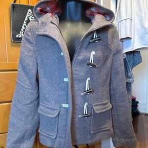 Old Navy Wool Blend Hooded Coat Toggle Jacket Plaid Lined Gray Women’s Large